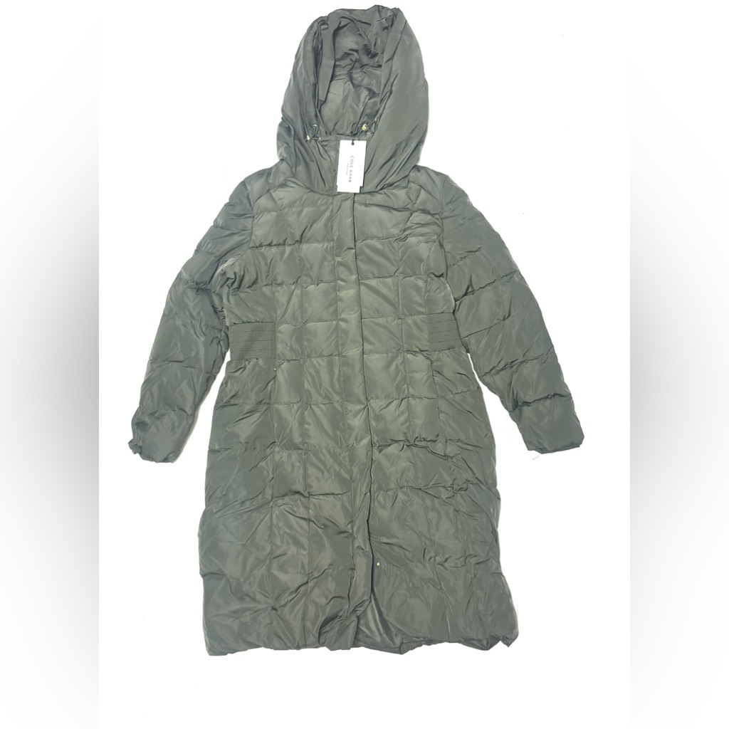 Cole Haan Womens Knee Length Hooded Quilted Down Coat Forest Size Medium